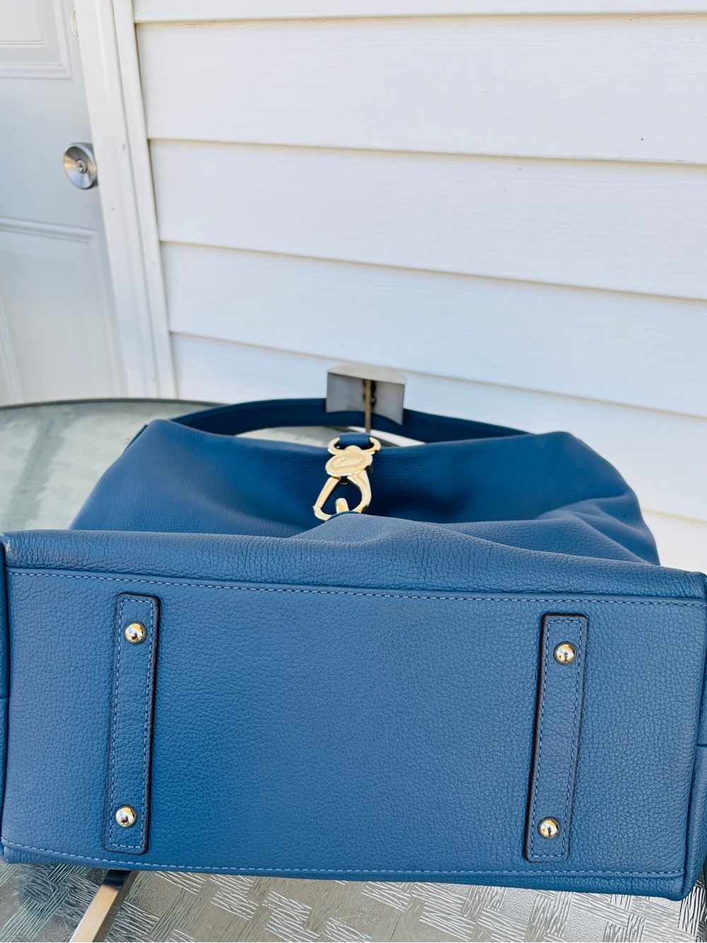 Dooney & Bourke Logo Lock Pebble Leather Hobo Tote Blue Bag - Picture 6 of 8